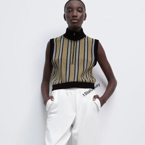 Zara Sleeveless Zip Neck Sweater Vest - Black, Tan & Light Blue sz Medium